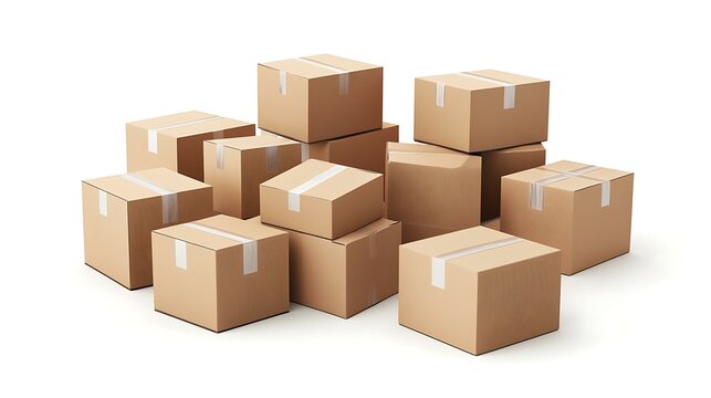 A group of labeled cardboard boxes prepared for shipment, showcasing organized warehouse storage, isolated on a white background