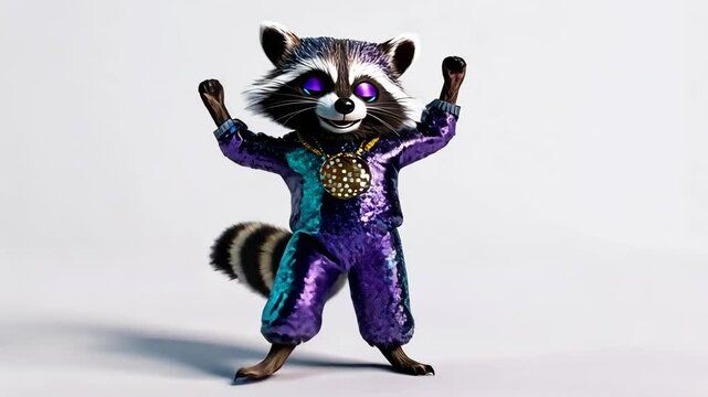 Joyful 3D Animated Raccoon in Purple Jumpsuit Dancing with Disco Bling and Medallion Necklace on White Background