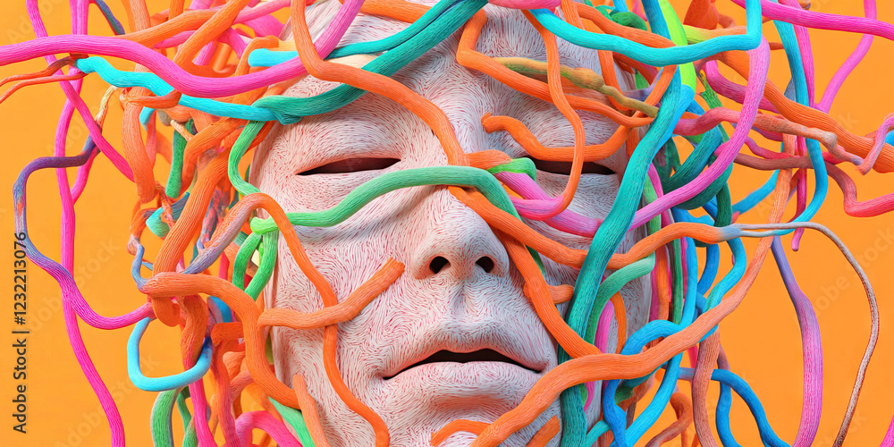 Poster 3d render of face entangled in multicolored strands