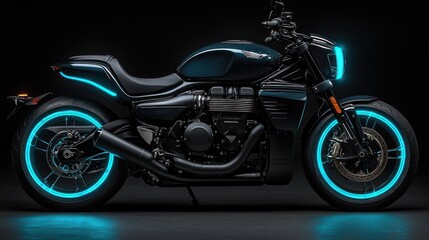 Obraz premium Teal motorcycle studio shot, glowing wheels, dark background, advertising