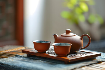 Brown ceramic teapot and two cups resting on wooden tray, showing traditional chinese tea ceremony preparation