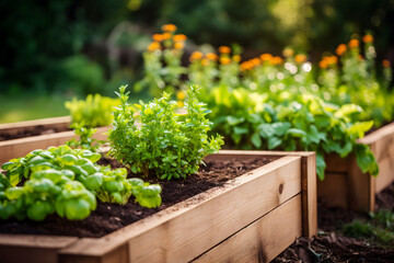 Fresh herbs growing in raised garden beds during golden hour