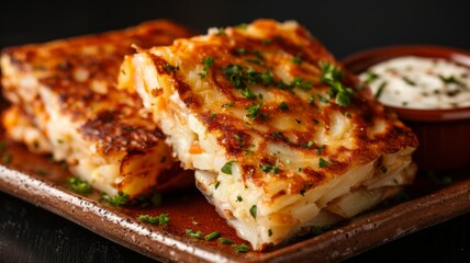 Tortilla Española (Spanish omelette): A thick, golden Spanish omelet sliced into wedges, with layers of potatoes and onions, served on a ceramic plate with a side of aioli.