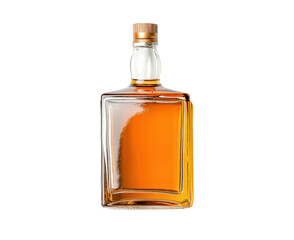 Amber liquor in glass bottle with wooden cap
