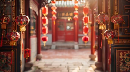 Fototapeta premium Vibrant red lanterns and beautiful blooms create a festive ambiance for the Chinese New Year celebration
