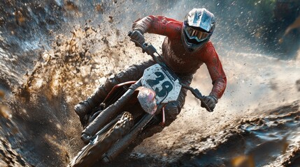Obraz premium Muddy Motocross Action: Adrenaline-Fueled Ride Through the Dirt
