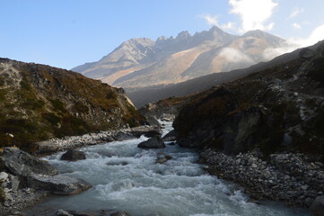 Close up of Mount Everest during sunrise in the Khumbu Valley of the Himalaya mountains in Nepal