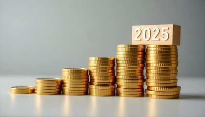 Stacks of golden coins arranged in ascending order on a smooth surface, with wooden blocks on top displaying '2025' in white numerals, against a clean, neutral gray background with no shadows.