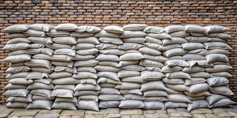 Plastic sandbags stacked in a wall-like structure, used for temporary flood protection measures , flood defense, plastic bags