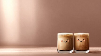 cute watercolor two cartoon coffee cups of latte hugging, kawaii. Free copy space