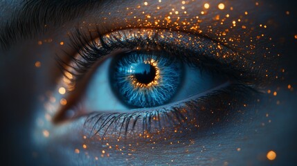 A woman's eye is covered in glitter, giving it a dreamy, ethereal appearance