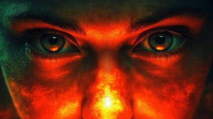 Naklejka premium A woman's face is lit up with red light, creating a creepy