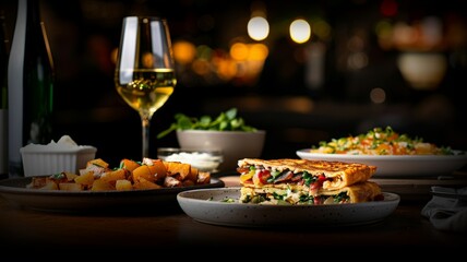 Tortilla Española (Spanish omelette): A thick, golden Spanish omelet sliced into wedges, with layers of potatoes and onions, served on a ceramic plate with a side of aioli.