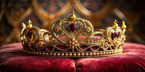 Fototapeta premium Regal headpiece sitting atop a velvet cushion, surrounded by ornate golden filigree, crown, velvet, crown