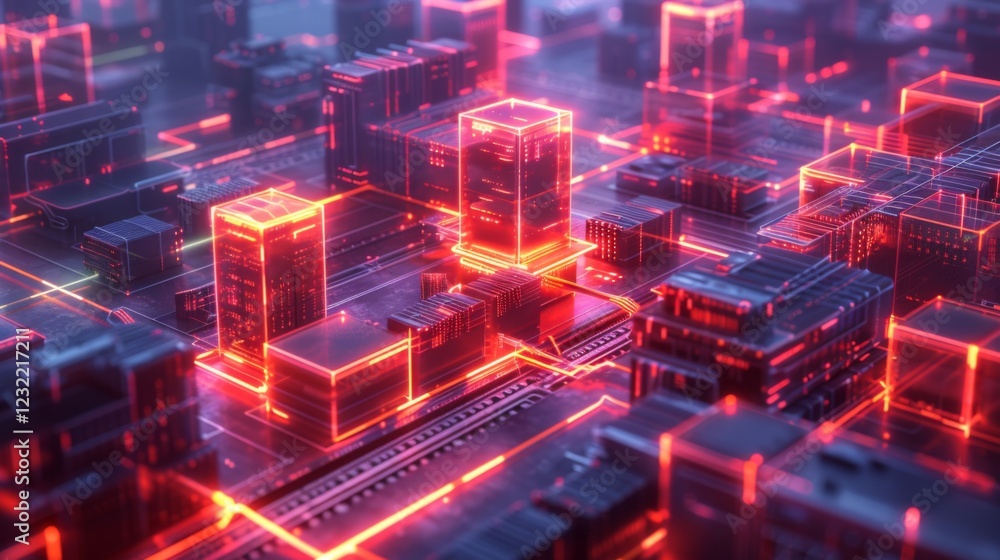 Aufkleber Brightly lit cityscape features illuminated buildings and complex circuitry patterns, creating a vivid representation of modern technology and urban design during nighttime.