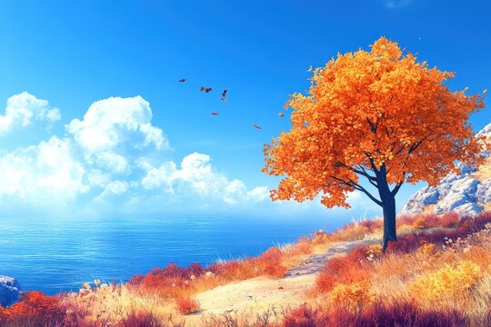 Autumn tree, coastal cliff, ocean view, leaves falling, idyllic landscape