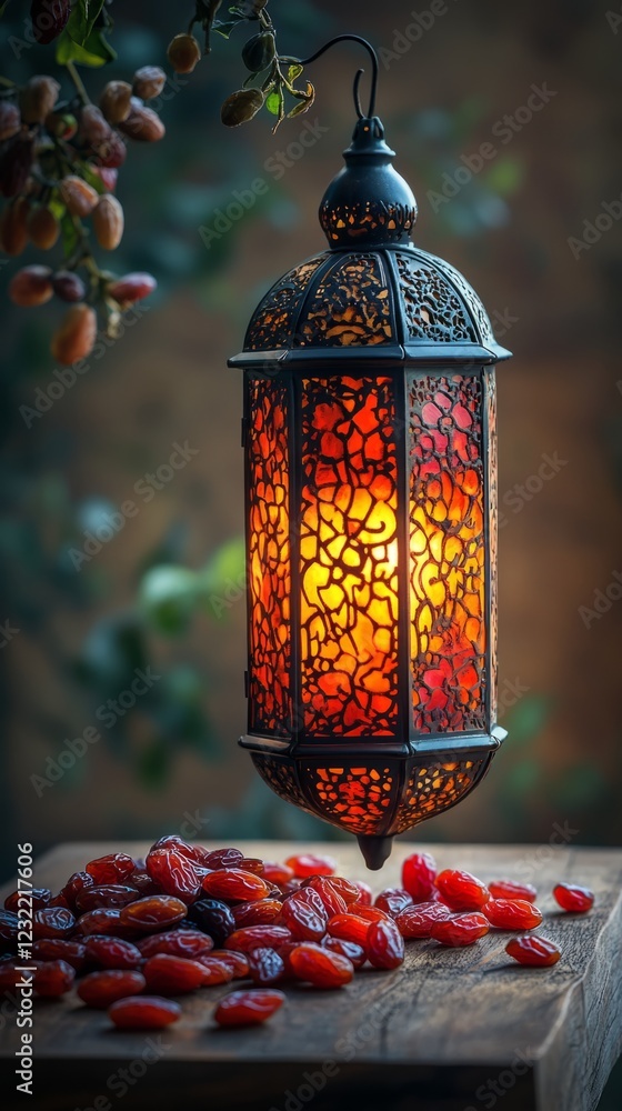 Poster a beautifully lit moroccan lantern hangs above a pile of dates, creating a warm and inviting scene.