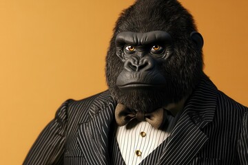 stylized 3d rendered gorilla wearing a tailored pinstripe suit and bow tie, with photorealistic fur and expressive eyes, against a studio backdrop