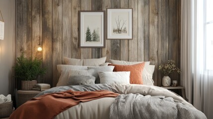 Cozy rustic bedroom with wood wall, bedding, and plants.