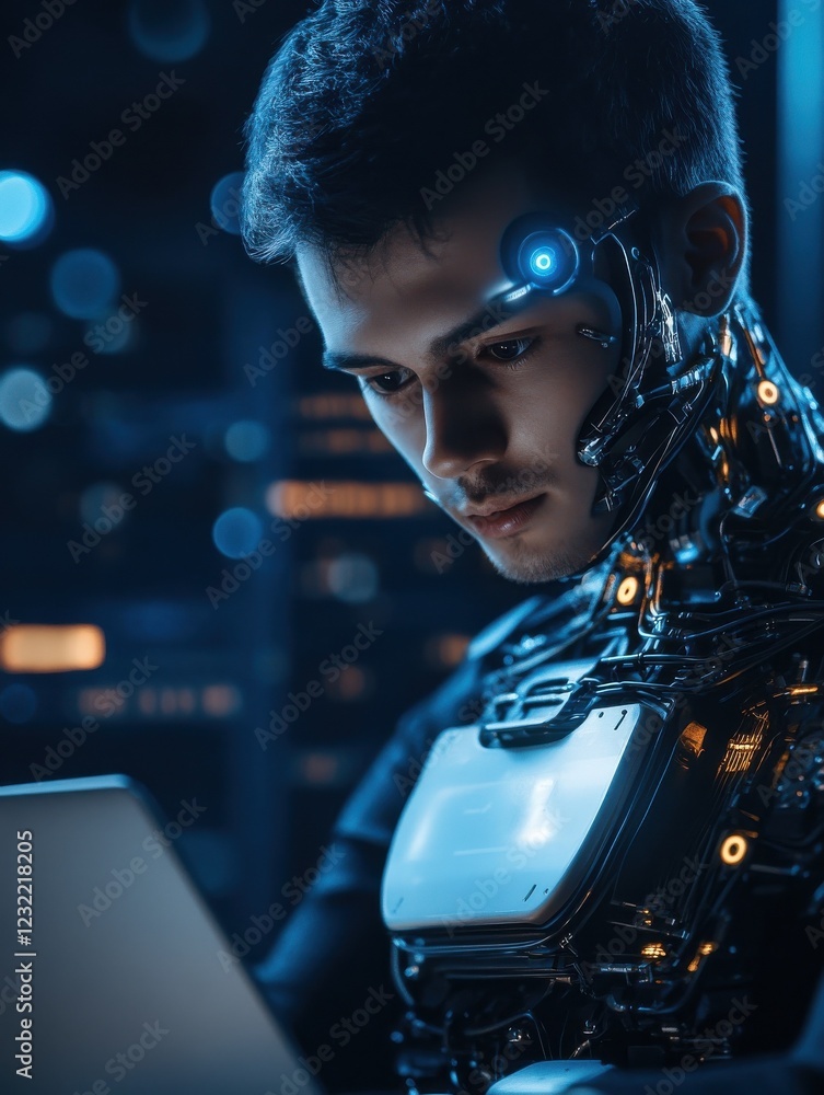 Poster man using laptop for searching of technology smart open ai or artificial intelligence using an artif