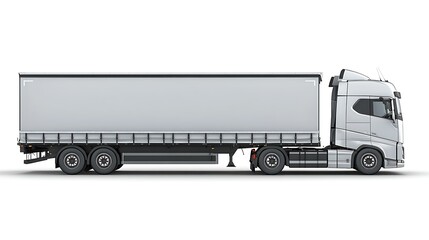 A side view of a powerful transport truck with a spacious cargo trailer, emphasizing road transportation and logistics, placed on a plain white background