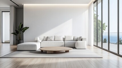 Sofa on the wooden floor of a large living room in a modern home or luxury hotel. Minimal home interior 3d rendering.