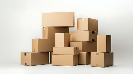 Fototapeta premium A stack of neatly arranged cardboard boxes of different sizes, symbolizing inventory management and logistics, placed on a white background