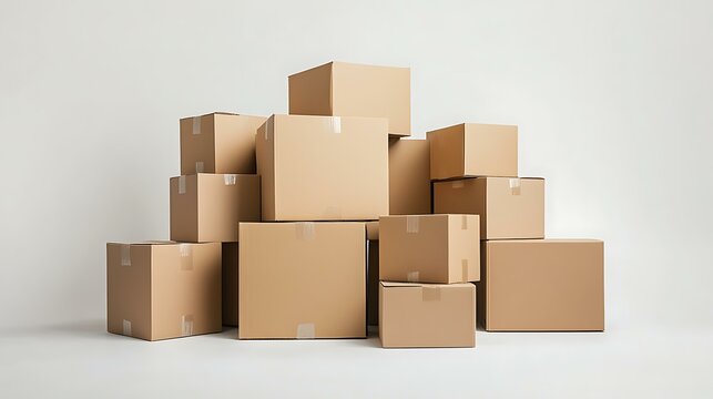 A stack of neatly arranged cardboard boxes of different sizes, symbolizing inventory management and logistics, placed on a white background