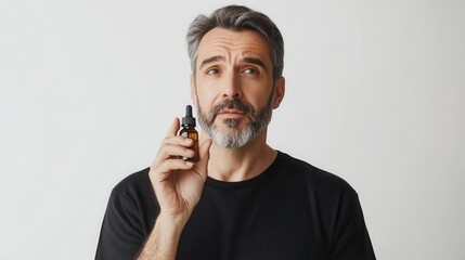 Man Holding Serum Bottle with Thoughtful Expression