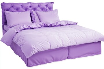 A bed with purple sheets and pillows. The bed is unmade and the pillows are arranged neatly