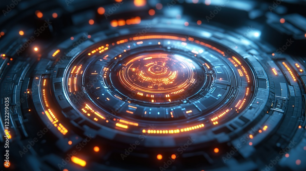 Poster glowing futuristic technology interface circular design with orange and blue accents high tech digit