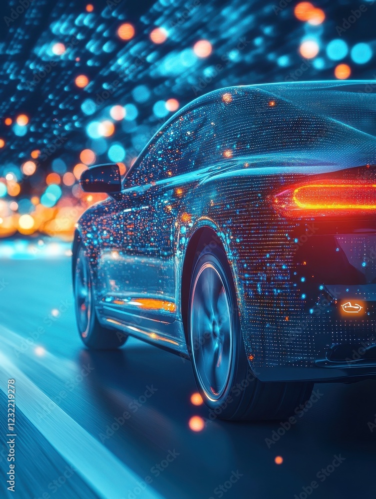 Poster car with abstract digital interface on bokeh background. automation and transport concept. multiexpo