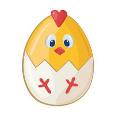 Little yellow Easter chick with red beak sits in white eggshell. Happy Easter holiday gift. Vector drawing of chick in egg for greeting card, stickers, coloring.