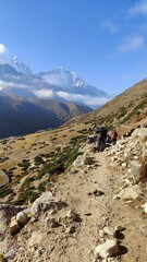 The stunning Khumbu Valley region of Nepal with views of Ama Dablam and Mount Everest in the snowy...