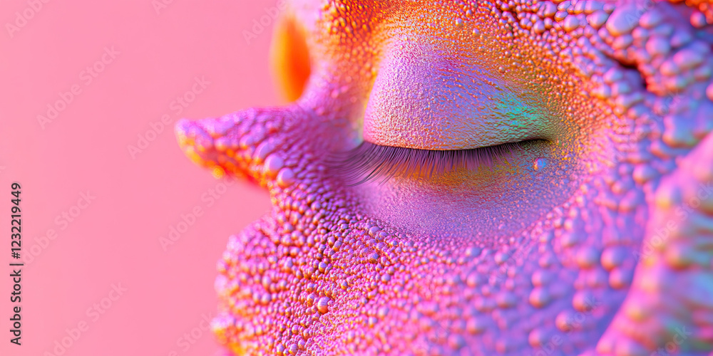 Poster digital rendering of a closed eye with iridescent bumpy skin texture