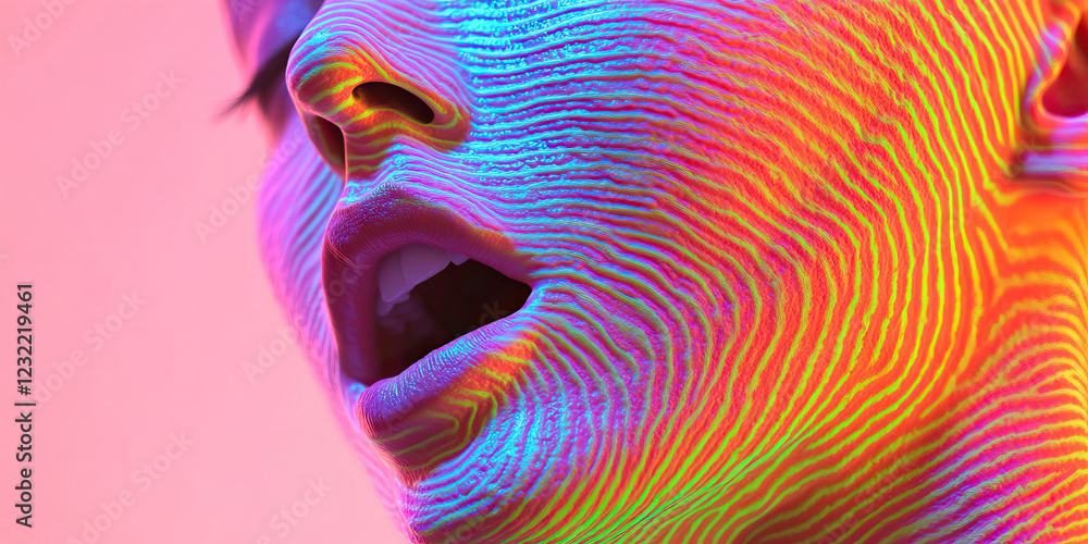 Poster close-up of stylized face with multicolored linear patterns
