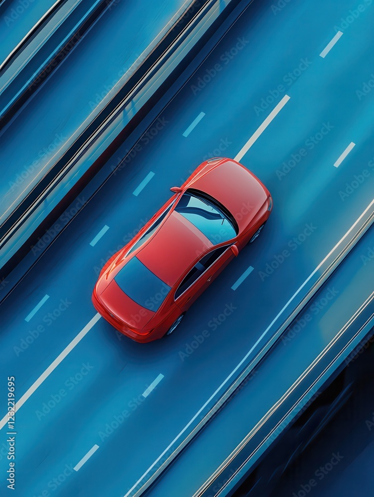 Poster top view of abstract red car on digital blue background. location, traffic and navigation concept. 3