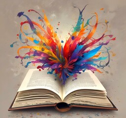 Illustration of open book pages with flying text.