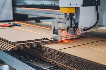 Cardboard Cutting Machine in Action at Factory. High-speed automated machine precisely cuts and shapes corrugated cardboard sheets for box production.