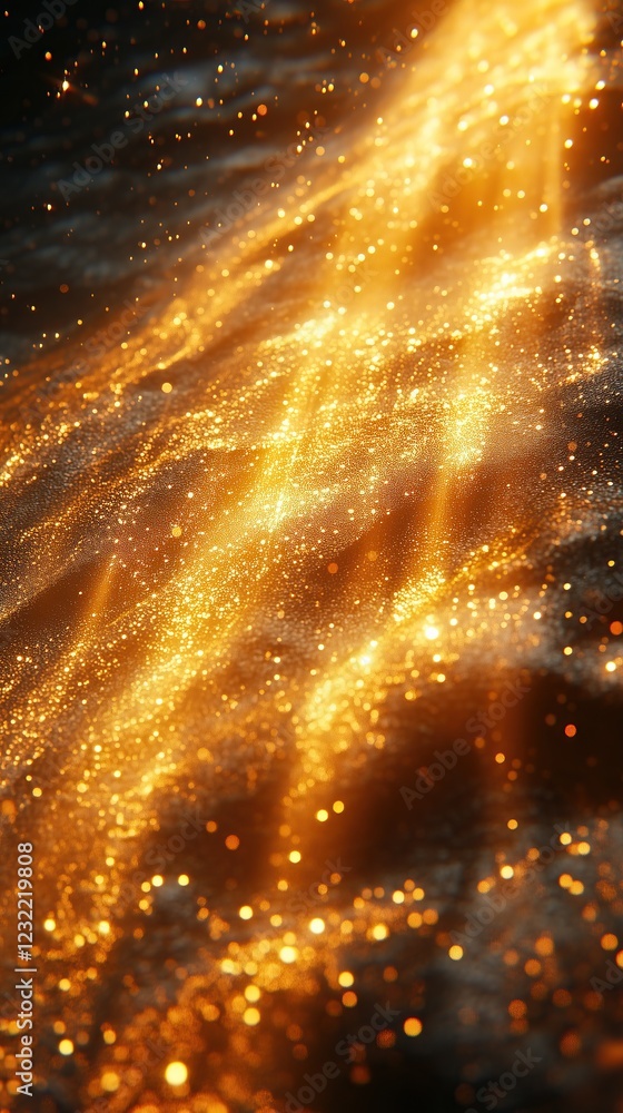 Poster golden glitter swirls and sparkles illuminated by beams of light luxurious and magical effect
