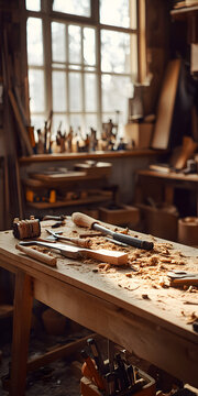 Busy woodworking workshop environment