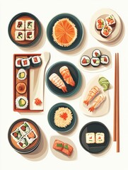 Asian food abstract concept vector illustration set. Chinese and Japanese food, Korean cuisine, oriental restaurant menu, asian spice, sushi takeout, dim sum, chopsticks eating abstract metaphor.