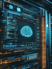 Obraz premium A futuristic screen displaying an AI chatbot interface with a blue brain icon, set against the backdrop of a server room with flowing data lines and coding visuals.