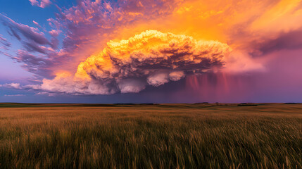Fototapeta premium Thick, fiery clouds forming above the grassy landscape.