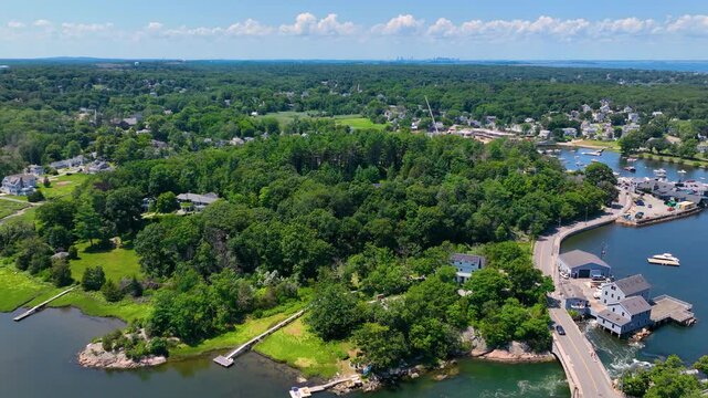Aerial view of Cohasset Cove including fishing boat in the harbor and Bassing Beach in town of Cohasset, Massachusetts MA, USA. 