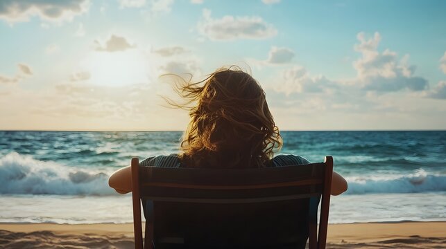 A person sitting on a beach chair, gazing out at the ocean with the wind softly blowing through their hair
