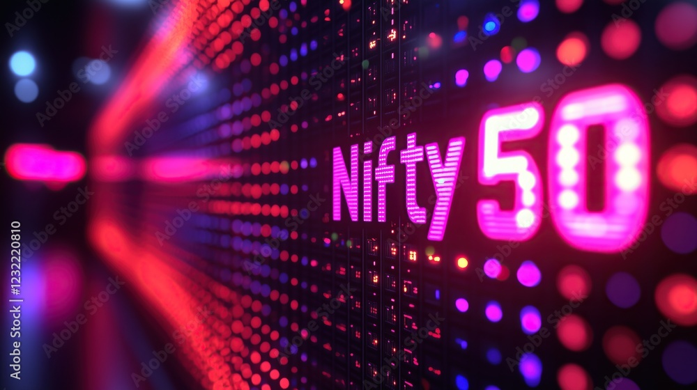 Poster Nifty 50 index displayed on vibrant LED screen financial data in dynamic and modern setting