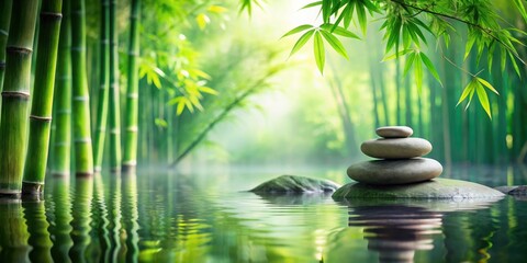 Serene Zen stone surrounded by bamboo and lush greenery in a peaceful pond
