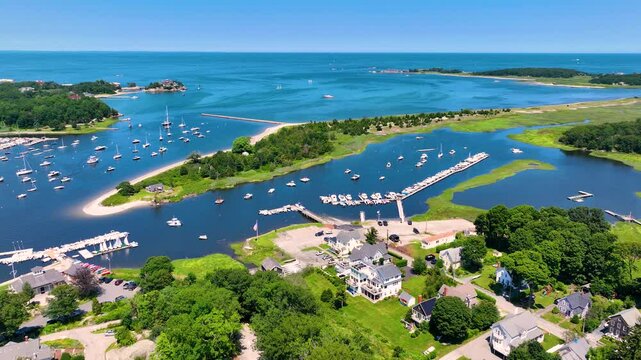 Aerial view of Cohasset Cove including fishing boat in the harbor and Bassing Beach in town of Cohasset, Massachusetts MA, USA. 