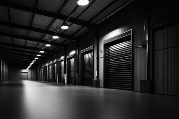 A Long, Dark Hallway Lined With Closed Black Garage Doors, Lit By Overhead Lights.  A Mysterious And Moody Atmosphere.